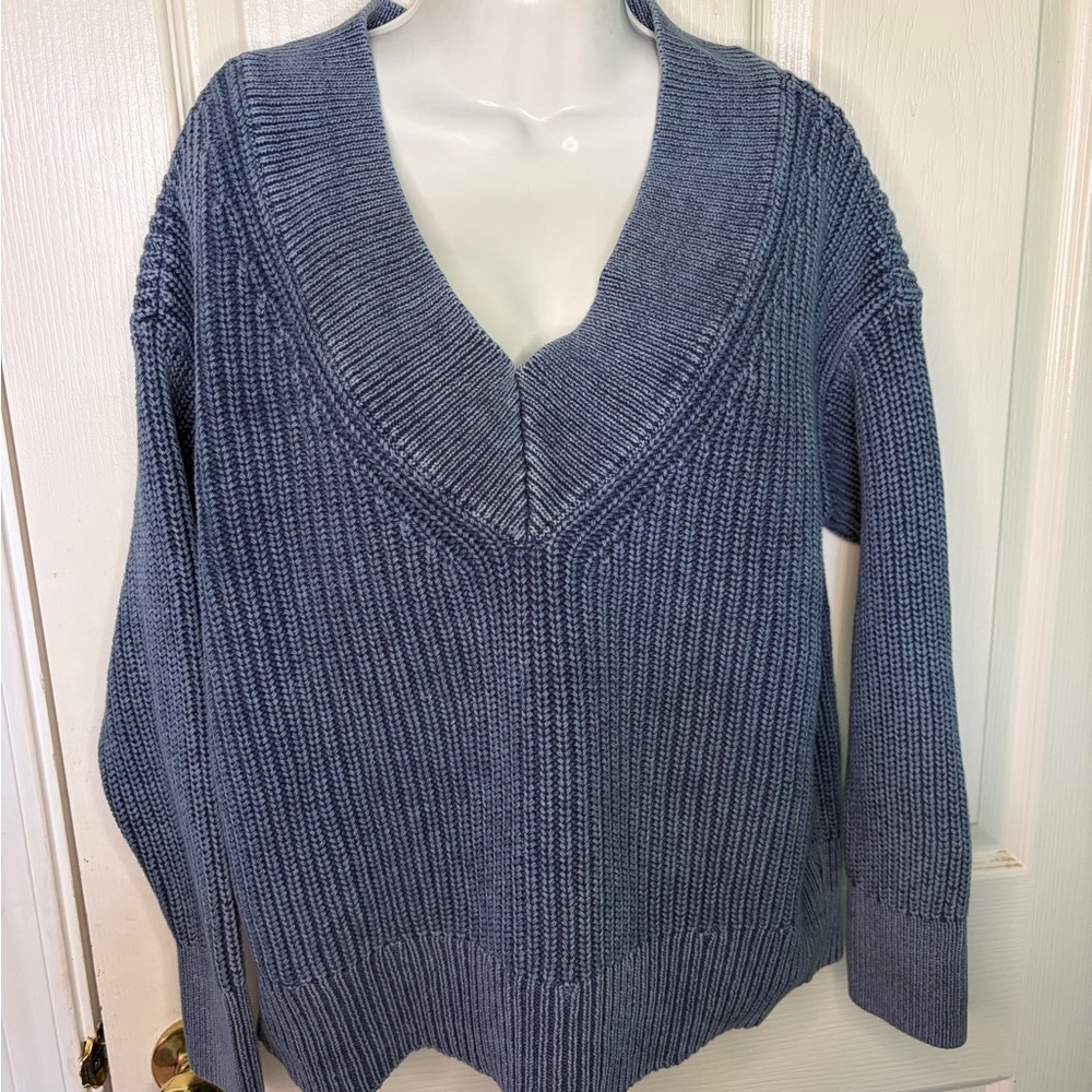 Aerie Blue Ribbed Knit Pullover Sweater V-Neck Long Sleeve S/P Petites